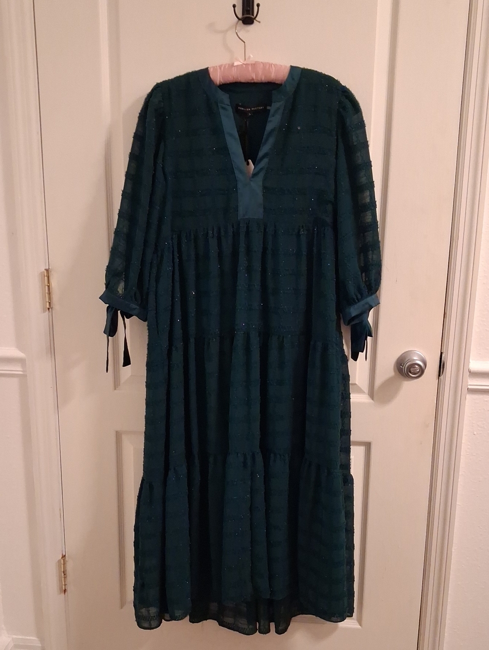 English Factory Teal Tiered Midi Dress with Ribbon Cuffs